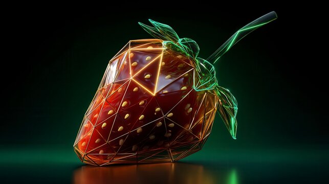 Vibrant digital art of geometric strawberry with glowing orange wireframe structure and neon green stem against dark background in modern 3D rendering style - Powered by Adobe