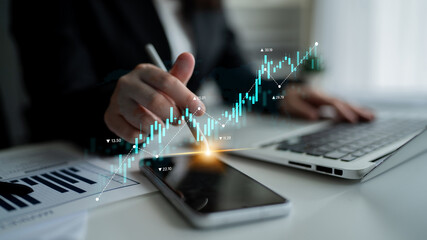 Stock market analysis with candlestick chart and price movement trend line, highlighting global financial trends, stock trading, and investment strategy insights Latch