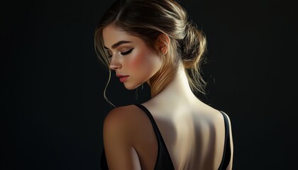 Fototapeta premium Caucasian Woman Stuns In Tight Black Jersey Dress With Open Back In Fashion Portrait. Elegant And Chic Style On Display.