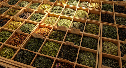 Assorted Loose Leaf Tea Variety Displayed in Wooden Boxes at a Tea Shop