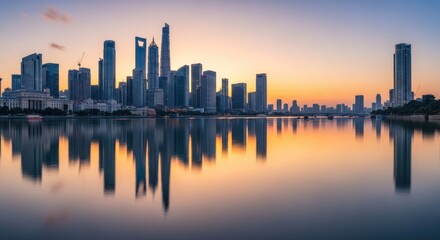 Fototapeta premium Shanghai Skyline Reflection at Sunset, Cityscape, Water, Buildings.