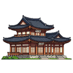 Obraz premium Colorful illustration of a traditional Korean style building, showcasing intricate architecture and design elements.