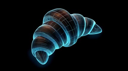 Futuristic glowing blue wireframe shell design against black background showcasing 3D digital modeling in technology visualization with free copy space for text
