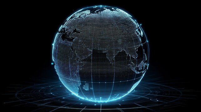 Futuristic digital blue globe hologram floating on technology grid against black background with free copy space for global technology advertising