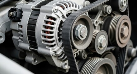 Close-up of Car Engine Alternator and Belt System.