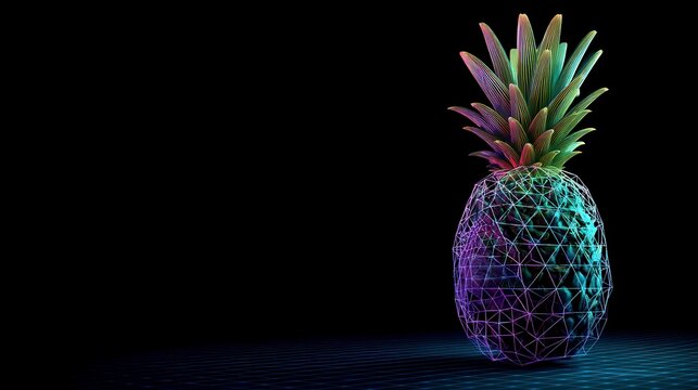 Vibrant digital pineapple with neon wireframe design and colorful crown against black background, modern 3D rendering for tech or creative industry with free copy space for text