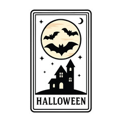 Spooky Halloween Night Scene in a Rectangular Graphic Design with Bats and Haunted House