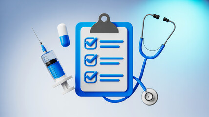 Medical checklist clipboard with stethoscope syringe and pill illustrating healthcare and patient care