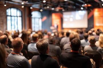 Engaged audience during a presentation in a modern conference space with a speaker on stage delivering an insightful talk