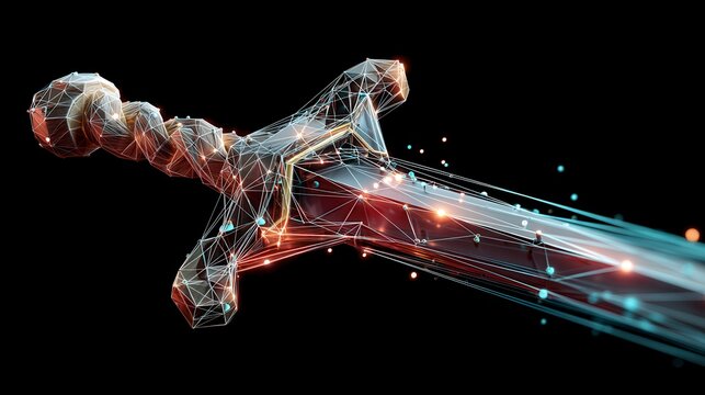 Dynamic digital wireframe runner figure in motion against black background with glowing light trails and connection points in technology visualization