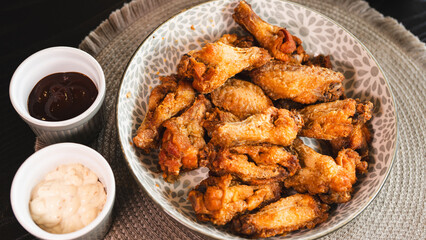 Close-up of golden-brown, crispy fried chicken served on a stylish plate. Highlights the perfect texture and seasoning. Ideal for food blogs, restaurant menus, and social media content promoting comfo