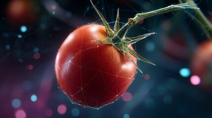 Vibrant red tomato with digital geometric overlay against dark background with colorful bokeh lights - futuristic food technology concept