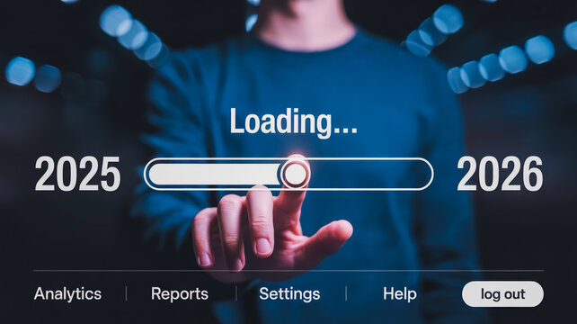 Person s finger interacting with a loading bar transitioning from 2025 to 2026 symbolizing future progress