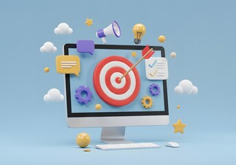 Promoting business through computer monitor with target and social media icons on blue background