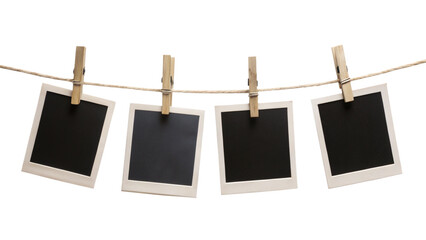 Four Blank Instant Photo Frames Hanging on Rope – Empty Polaroid Frame PNG