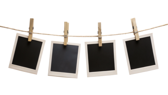 Four Blank Instant Photo Frames Hanging on Rope – Empty Polaroid Frame PNG
