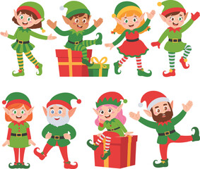 Group of colorful Christmas elves in festive costumes holding gifts, posing happily for winter holiday celebration, cartoon vector illustration design