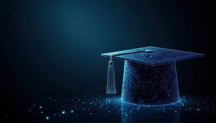 Futuristic Graduation Cap: Abstract Polygonal Design In Low Poly Wireframe, In Technology Blue Representing Success, Knowledge, Education, And Learning