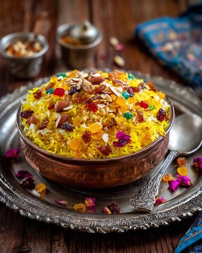 Pakistani zarda sweet rice nuts raisins and colorful candied fruit festive traditional dessert styled for South Asian cultural stock