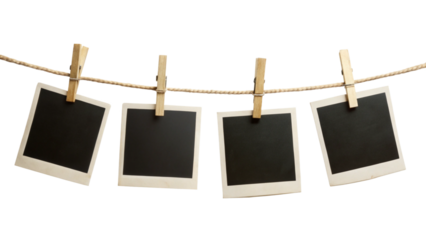 Four Blank Instant Photo Frames Hanging on Rope – Empty Polaroid Frame PNG