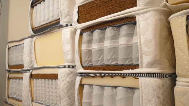 Mattress filler. Independent spring blocks and modern fillers made of coconut coir, algae, cotton in a cotton cover. Manufacture and manufacture of mattresses.