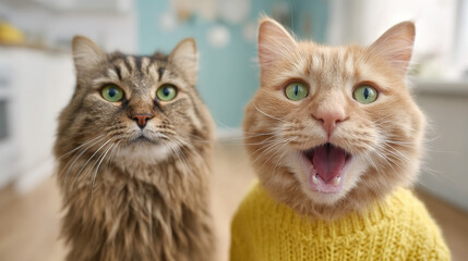 Two cats in sweaters with expressive faces indoors.