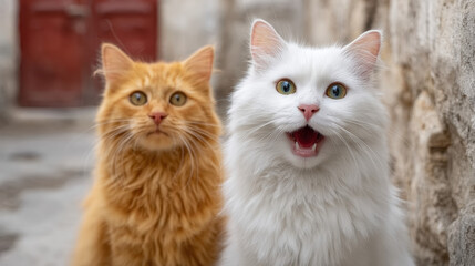 Two expressive cats in a vibrant urban setting.