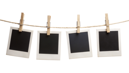 Four Blank Instant Photo Frames Hanging on Rope – Empty Polaroid Frame PNG