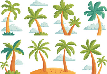 Tropical palm trees vector illustration with clouds and sand, ideal for summer, beach, nature, vacation, travel, and exotic design themes.