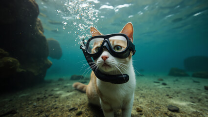 High-quality 8K underwater image of a cat wearing scuba diving goggles. Cinematic, detailed, and award-winning photography capturing a whimsical and playful underwater scene with realism.