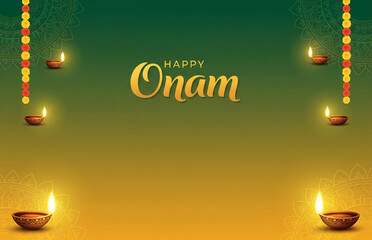 Luxury Onam poster design with golden mandala patterns, glowing lamps, green and saffron background, minimal festive look, bold elegant text &lsquo;Happy Onam&rsquo; in center