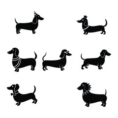 dachshund silhouette dog different poses linocut style vector illustration on white background