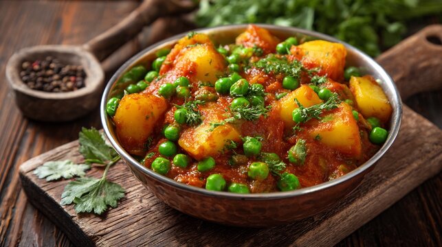 Pakistani aloo matar curry peas and potatoes garnished with coriander authentic home style South Asian vegetarian dish stock photo