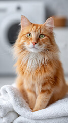 Fluffy orange cat sitting on a towel with a neutral background.