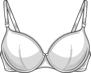 Technical flat vector sketch of padded underwire bra with adjustable straps, ideal for lingerie design, fashion illustration, and garment production.