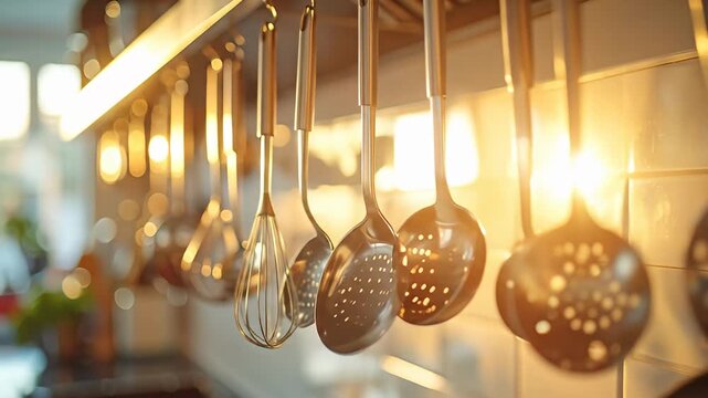 Kitchen utensils, including whisks and slotted spoons, hanging in soft golden light