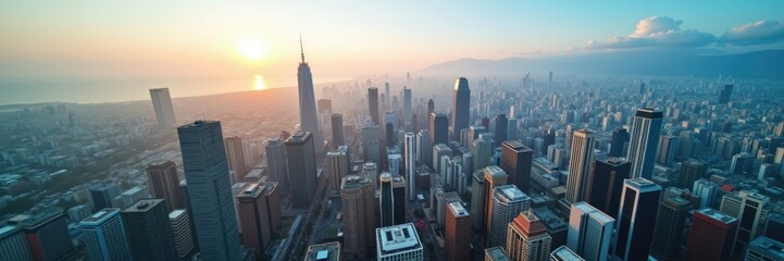 Obraz premium Panoramic cityscape view of a modern metropolis at sunrise.