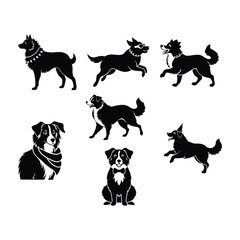 Australian shepherd silhouette dog different poses linocut style vector illustration on white background