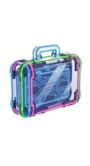 Futuristic transparent briefcase with glowing neon lights and a digital circuit board pattern symbolizing cybersecurity and modern business