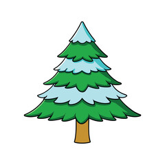 Whimsical cartoon evergreen tree with snow accents on white background