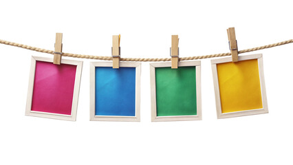 Fototapeta premium Four Colorful Instant Photo Frames Hanging on Rope – Polaroid Style Empty Frame PNG