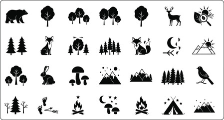 A collection of black and white nature icons featuring animals plants and outdoor elements in a grid layout