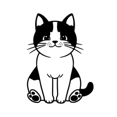 Cute black and white cat illustration sitting happily with a friendly expression in a simple design