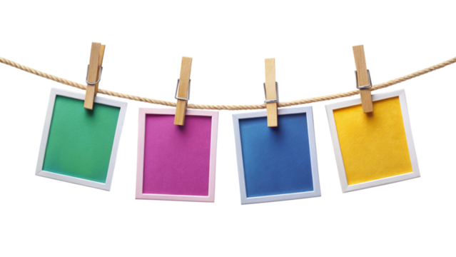 Four Colorful Instant Photo Frames Hanging on Rope – Polaroid Style Empty Frame PNG