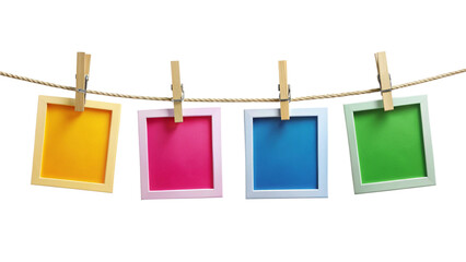 Four Colorful Instant Photo Frames Hanging on Rope – Polaroid Style Empty Frame PNG