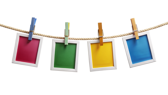 Four Colorful Instant Photo Frames Hanging on Rope – Polaroid Style Empty Frame PNG
