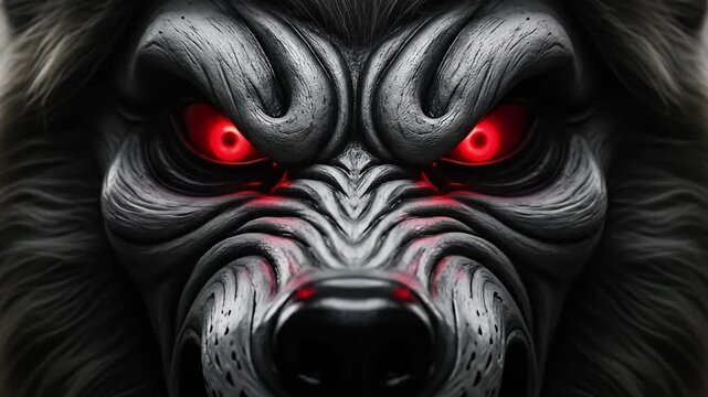 Fierce wolfman face, showing red glowing eyes, sharp teeth, and grey-white fur texture