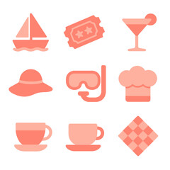 Neon pink travel and leisure icons set for summer activities