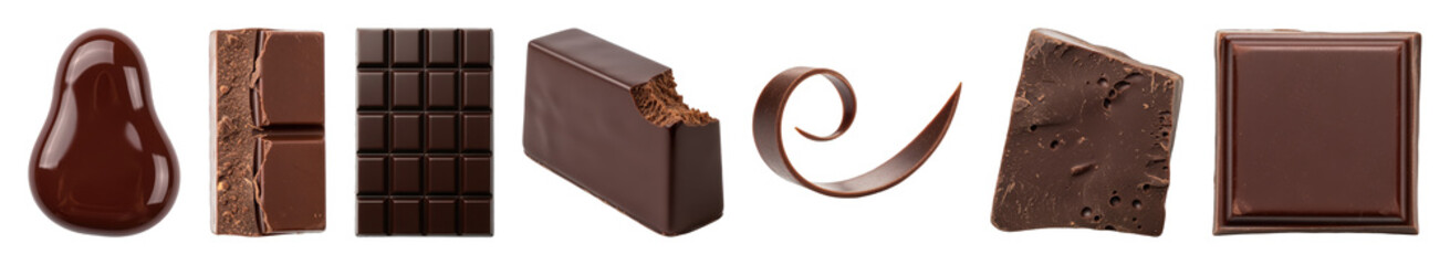 Chocolate set including melted drop, whole bar, bitten piece, curl, chunk, and square isolated. Dessert and confectionery elements.