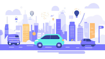 Obraz premium Minimalist flat vector illustration of autonomous electric cars on urban street with futuristic smart city skyline and technology icons